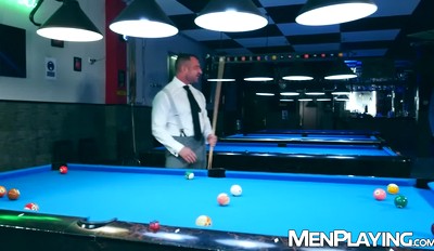Suited men David Linset and Gustavo Cruz bareback with Steve Jouret