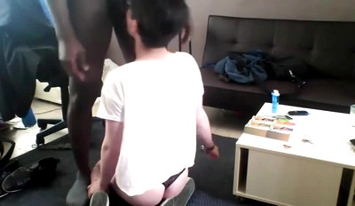 Black femboy sucks and fucks interracially