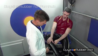 Rubber Fetish Doc wins over his patient. Jerking,fucking,milking,cock massage by rubber covered feet